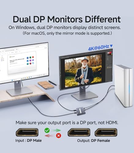Veecoona DisplayPort to Dual DisplayPort Splitter 1 in 2 Out | 4K60Hz, DP Source to DP Splitter Extended Display port splitter for Dual monitors, for Desktop,NVIDIA, AMD Graphics Card - MACOS Not Support MST - Image 4