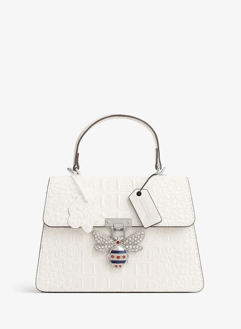 2Trendy Women's White Croc-Texture Top Handle Handbag with Bee Charm