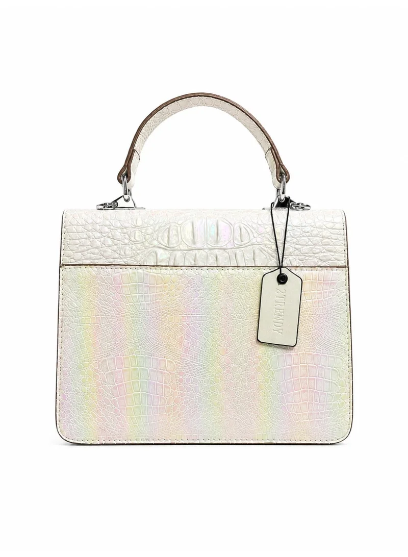2Trendy Women's White Croc-Texture Top Handle Handbag with Bee Charm