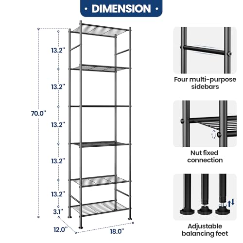 Abiglifty Storage Shelves, 6-Tier Metal Shelving, Closet Shelves with Adjustable Leveling Feet, Shelf Organizer for Kitchen, Pantry, Laundry - Image 2
