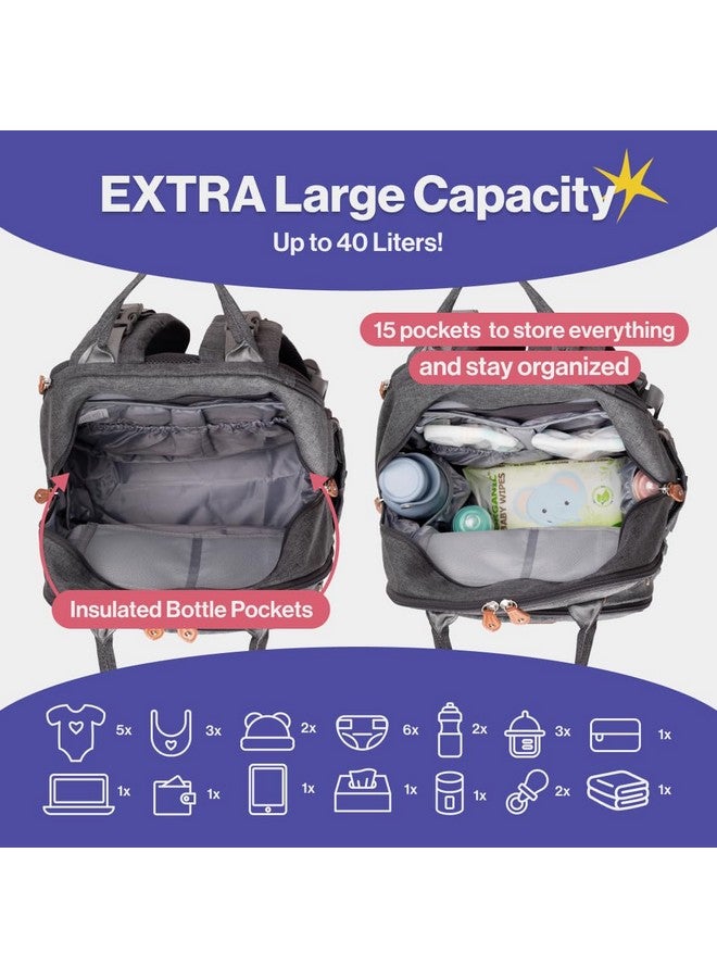 BabbleRoo Extra Large Diaper Bag Backpack, Expandable Baby Bag With Up To 50% More Capacity - Travel Essentials Baby Bag Tote With Changing Pad, Stroller Straps & Pacifier Case - Unisex, Dark Gray  - Image 3