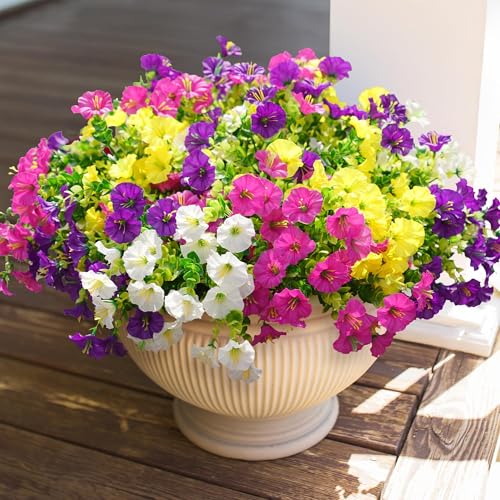 HyeFlora Artificial Flowers for Outdoors Fake Plants Outside Decoration 12 Bundles Silk Colorful Morning Glory with Eucalyptus UV Resistant Realistic Faux Flowers for Planter Front Door Garden Yard - Image 1