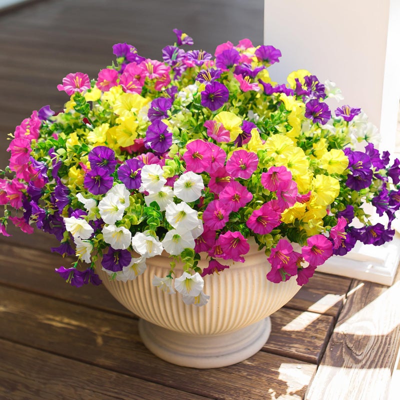 HyeFlora Artificial Flowers for Outdoors Fake Plants Outside Decoration 12 Bundles Silk Colorful Morning Glory with Eucalyptus UV Resistant Realistic Faux Flowers for Planter Front Door Garden Yard - Image 2