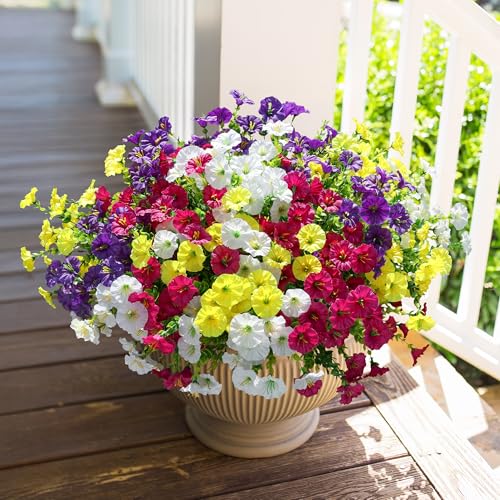 HyeFlora Artificial Flowers for Outdoors Fake Plants Outside Decoration 12 Bundles Silk Colorful Morning Glory with Eucalyptus UV Resistant Realistic Faux Flowers for Planter Front Door Garden Yard - Image 3