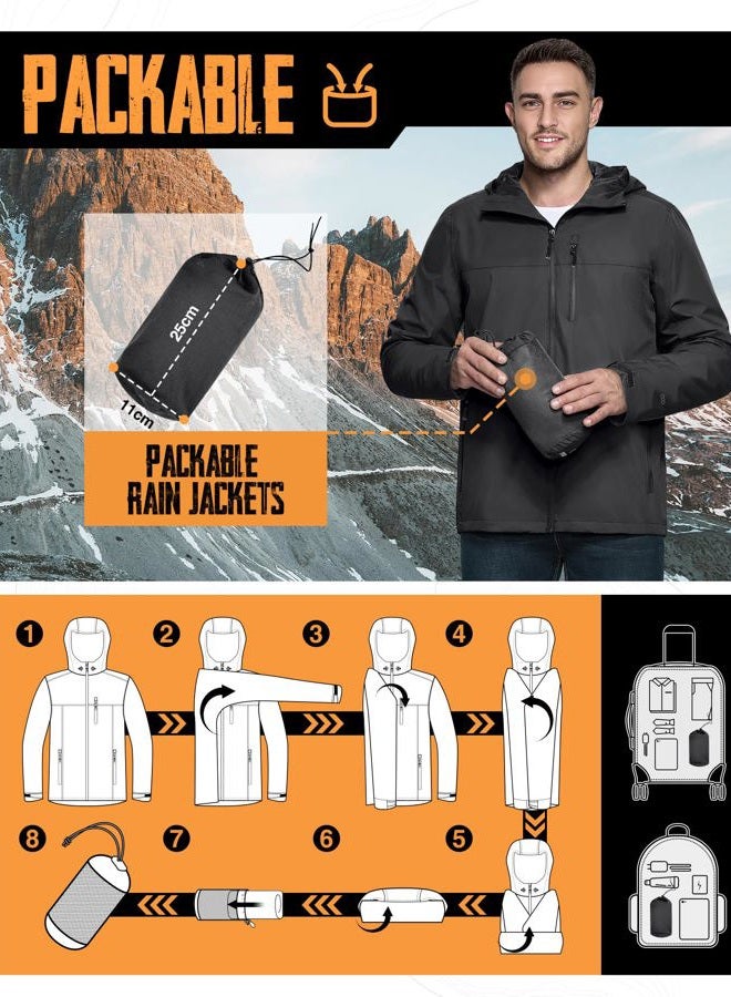33,000ft Men's Packable Rain Jacket Lightweight Rain Shell Jacket with Hood Waterproof Raincoat for Cycling, Black, L - Image 2