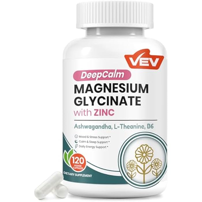 VEV Deep Calm Magnesium Glycinate and Zinc Supplement with Vitamin B6, Ashwagandha & L-Theanine – Cortisol Supplements for Daily Balance – 120 Vegan Capsules - Image 1
