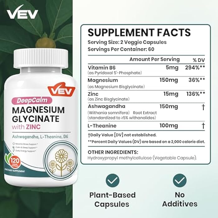 VEV Deep Calm Magnesium Glycinate and Zinc Supplement with Vitamin B6, Ashwagandha & L-Theanine – Cortisol Supplements for Daily Balance – 120 Vegan Capsules - Image 2