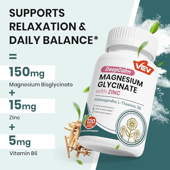 VEV Deep Calm Magnesium Glycinate and Zinc Supplement with Vitamin B6, Ashwagandha & L-Theanine – Cortisol Supplements for Daily Balance – 120 Vegan Capsules - Image 3