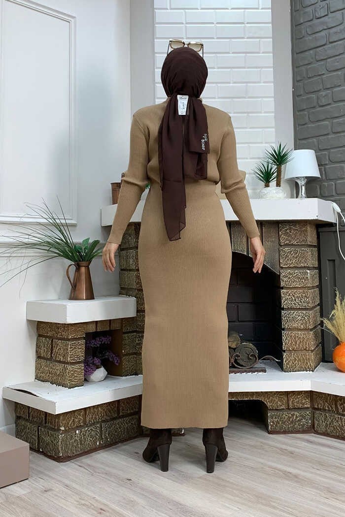 Bym Fashion Button Detailed Pocket Look Knitted Tight Dress 23312 Tan - Image 3