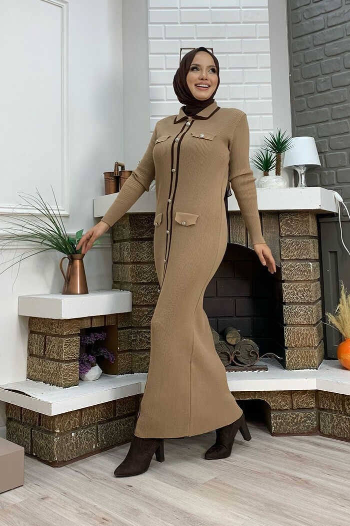 Bym Fashion Button Detailed Pocket Look Knitted Tight Dress 23312 Tan - Image 2