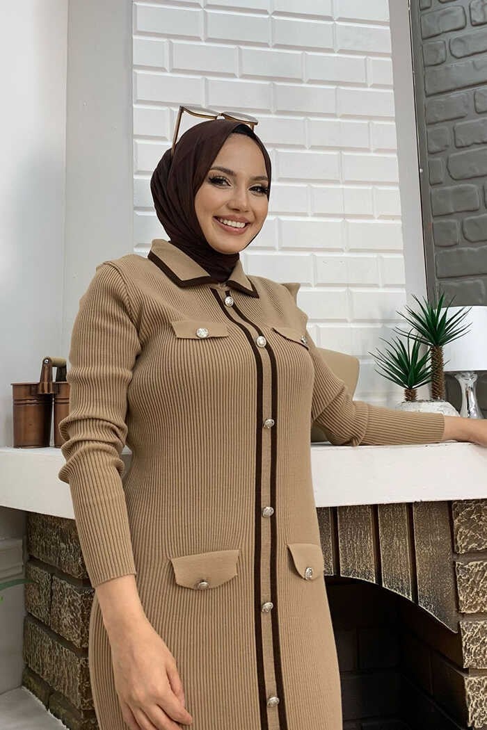 Bym Fashion Button Detailed Pocket Look Knitted Tight Dress 23312 Tan - Image 4