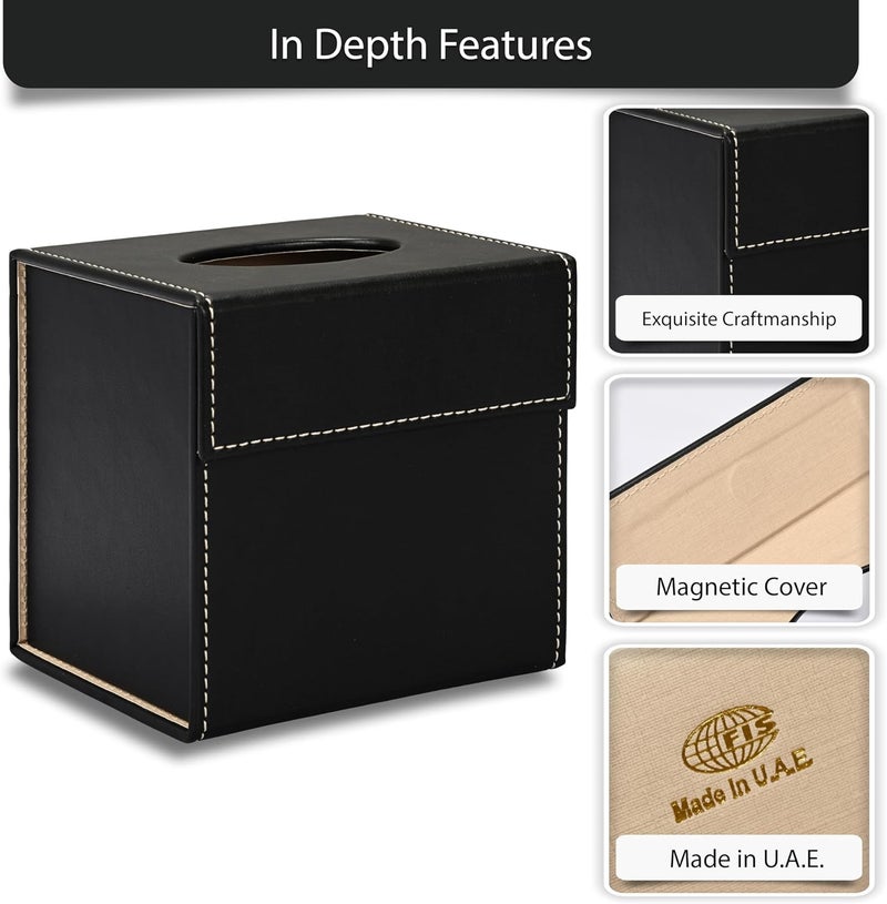 FIS Tissue Box Holder - Italian PU Material, Black, 140x125x140mm - Image 3