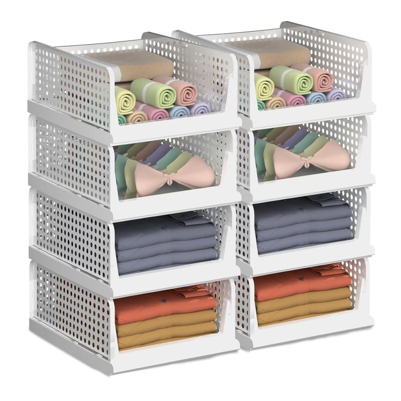 Kuber Industries Large 8 Pcs Stack It Up Cloth Stacker Clothing Foldable Shirt Storage Stacker For Wardrobe Plastic Stackable Closet Organizer White - Image 1
