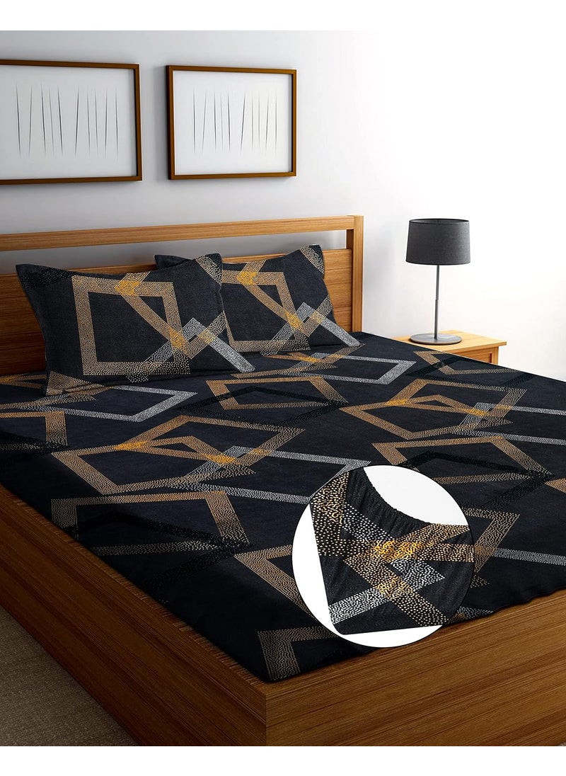 PATWAHOUSE PATWAHOUSE Premium Cotton Feel Glace Cotton 190 TC Elastic Fitted Printed King Size Double Bed Bedsheet With 2 Pillow Cover72X78X8 Inches BlackBox  - Image 1