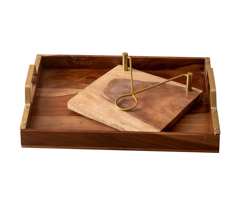 nestroots Sheesham Wood Serving Tray & Napkin Holder Set of 2 Pieces, 15" X 12", Brown - Image 1
