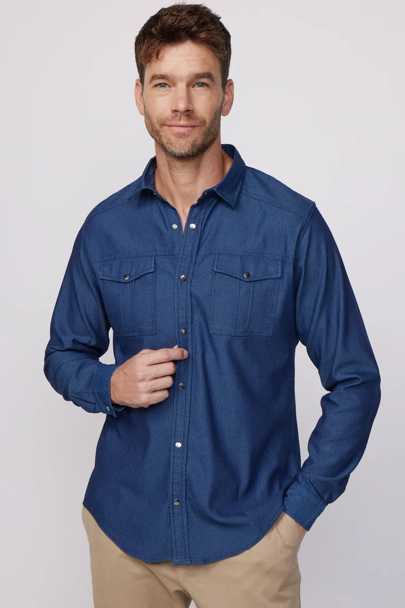تودورس Slim Fit Sports Collar Washed Double Pocket Dobby Denim Indigo Men's Shirt