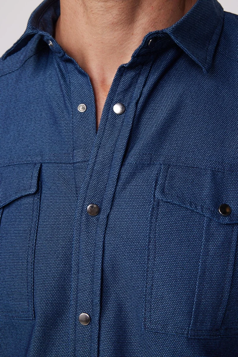 تودورس Slim Fit Sports Collar Washed Double Pocket Dobby Denim Indigo Men's Shirt