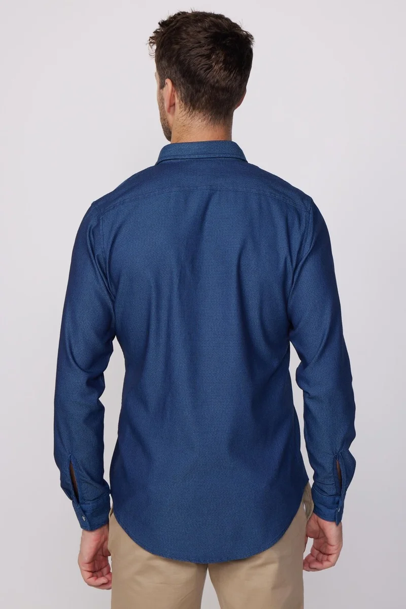 تودورس Slim Fit Sports Collar Washed Double Pocket Dobby Denim Indigo Men's Shirt