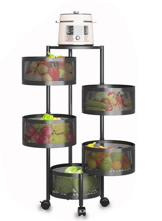 RollsTimi  5-Layer Round Storage Rack, Kitchen Bathroom Living Room Floor-Standing Multi-Layer Storage Rack With Wheels, Black - Image 1