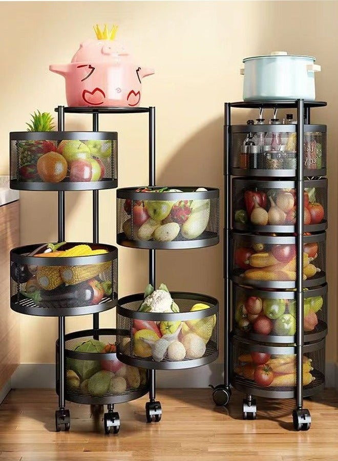 RollsTimi  5-Layer Round Storage Rack, Kitchen Bathroom Living Room Floor-Standing Multi-Layer Storage Rack With Wheels, Black - Image 3
