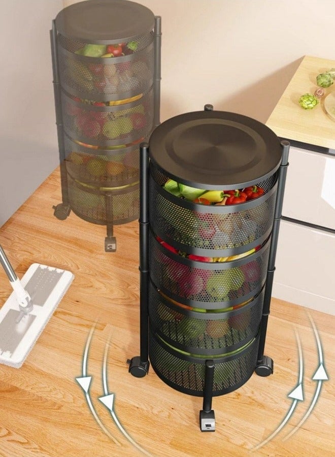 RollsTimi  5-Layer Round Storage Rack, Kitchen Bathroom Living Room Floor-Standing Multi-Layer Storage Rack With Wheels, Black - Image 5