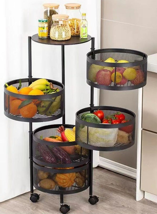RollsTimi  5-Layer Round Storage Rack, Kitchen Bathroom Living Room Floor-Standing Multi-Layer Storage Rack With Wheels, Black - Image 4