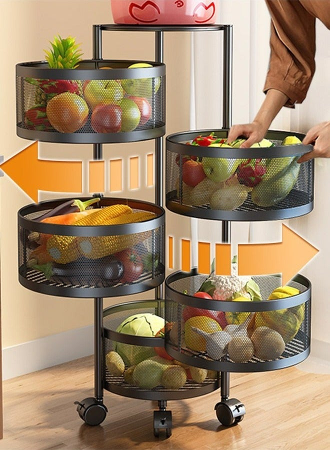 RollsTimi  5-Layer Round Storage Rack, Kitchen Bathroom Living Room Floor-Standing Multi-Layer Storage Rack With Wheels, Black - Image 2