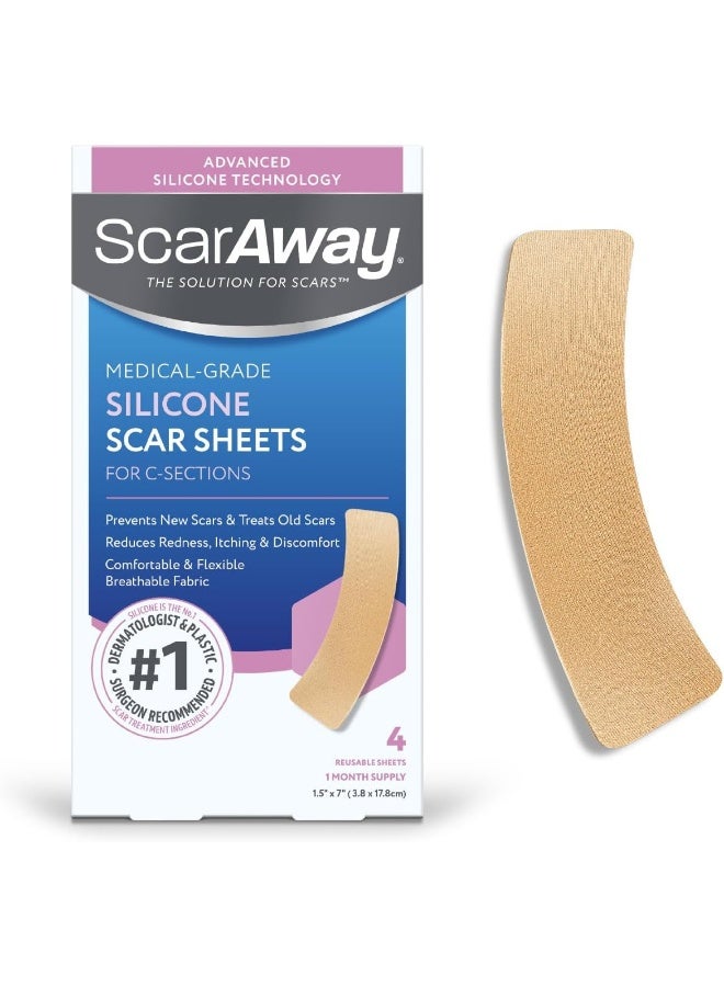SCARAWAY C-Section Scar Treatment Silicone Adhesive Soft Fabric 4-Sheets Strips (7x1.5in) - Image 1