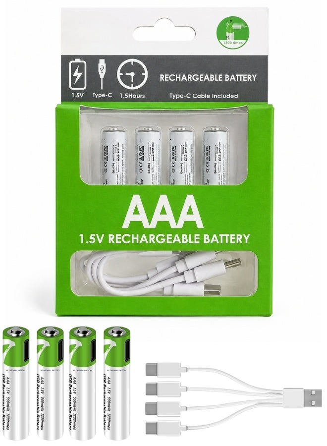 بطاريات AAA ليثيوم أيون قابلة لإعادة الشحن USB Type-C عدد 4 – بطاريات AAA قابلة للشحن بجهد ثابت 1.5 فولت وسعة 750mWh، شحن سريع خلال 1–1.5 ساعة، حتى 1200 دورة شحن، بطاريات عالية الأداء لأجهزة التحكم عن بعد، الألعاب، الماوس اللاسلكي، لوحة المفاتيح، أجهزة قياس الضغط، الميزان الإلكتروني، الراديو، الساعات، أجهزة الحلاقة، وأجهزة المنزل الإلكترونية، بديل اقتصادي وصديق للبيئة للبطاريات الجافة - Image 1