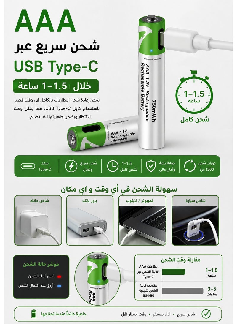 بطاريات AAA ليثيوم أيون قابلة لإعادة الشحن USB Type-C عدد 4 – بطاريات AAA قابلة للشحن بجهد ثابت 1.5 فولت وسعة 750mWh، شحن سريع خلال 1–1.5 ساعة، حتى 1200 دورة شحن، بطاريات عالية الأداء لأجهزة التحكم عن بعد، الألعاب، الماوس اللاسلكي، لوحة المفاتيح، أجهزة قياس الضغط، الميزان الإلكتروني، الراديو، الساعات، أجهزة الحلاقة، وأجهزة المنزل الإلكترونية، بديل اقتصادي وصديق للبيئة للبطاريات الجافة - Image 4