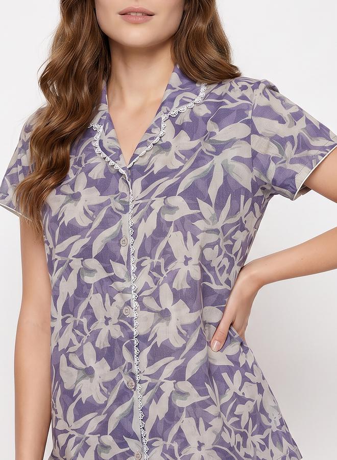 Mish Blue Floral Lace Detail Shirt and Pyjama Set - Image 2