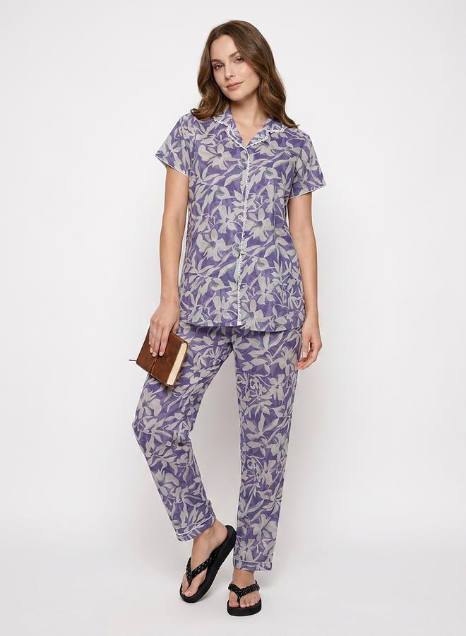 Mish Blue Floral Lace Detail Shirt and Pyjama Set - Image 4