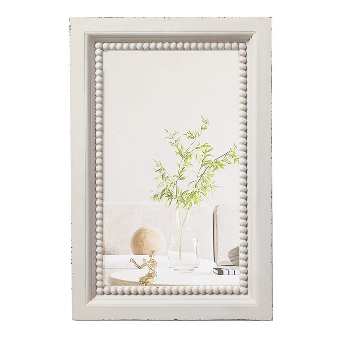 BOHO WHITE MIRRORS FOR WALL DECOR LIVING ROOM 24 X 16 INCHES HANGING RUSTIC WOODEN BEDROOM MIRROR WITH BEADED DETAILING VINTAGE RECTANGULAR BATHROOM VANITY MIRROR DECOR