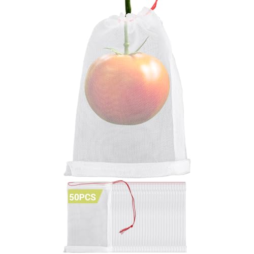 ENPOINT 50 PCS Fruit Protection Bags, Enpoint 10x14 Inch Reusable Garden Netting Mesh Bag with Drawstrings, Plant Covers Protect Fruits Vegetables Tomato Apple Peach Trees - Image 1