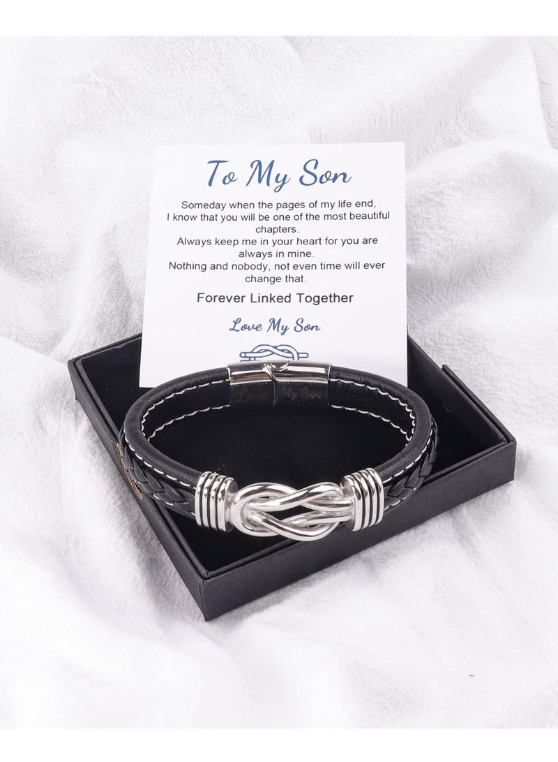 Excefore Forever Linked Together Braided Leather Bracelet, Stainless Steel Magnetic Closure Leather Knot Cuff Wristband, to My Son Bracelet Inspirational Gift from Mom to Child - Image 2