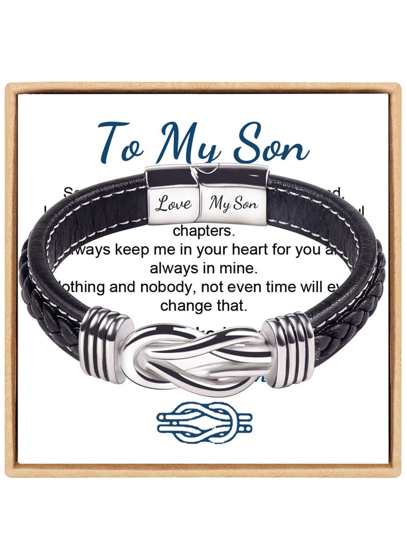 Excefore Forever Linked Together Braided Leather Bracelet, Stainless Steel Magnetic Closure Leather Knot Cuff Wristband, to My Son Bracelet Inspirational Gift from Mom to Child - Image 1