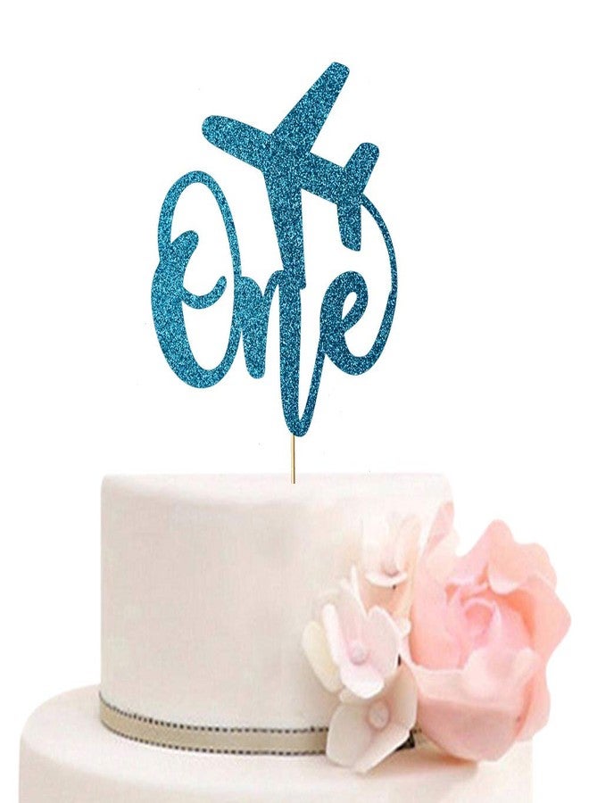 ZLPDS One Cake Topper, Airplane Theme First Birthday Party Decorations for Kids Boys Girls, Blue Glitter - Image 1