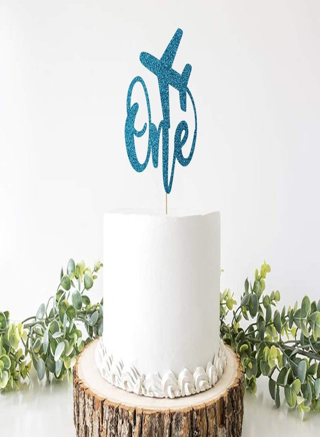ZLPDS One Cake Topper, Airplane Theme First Birthday Party Decorations for Kids Boys Girls, Blue Glitter - Image 2