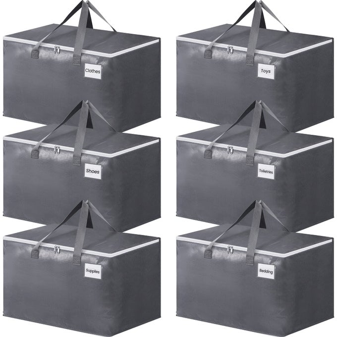 LARGE MOVING BOXES AND WITH ZIPPERS HANDLES MOVING SUPPLIES WITH LIDS HEAVY DUTY TOTES FOR STORAGE BAGS FOR SPACE SAVING FOLD FLAT MOVING AND STORING 125L 6 PACK