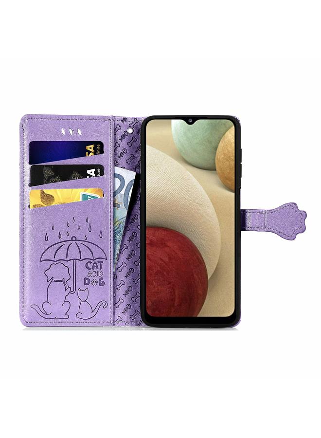 اس-توب جراب لهاتف Galaxy A12 من الجلد المنقوش بشكل قطة وكلب لطيف مع حامل وفتحات للبطاقات ومحفظة وحبل تعليق - Image 3