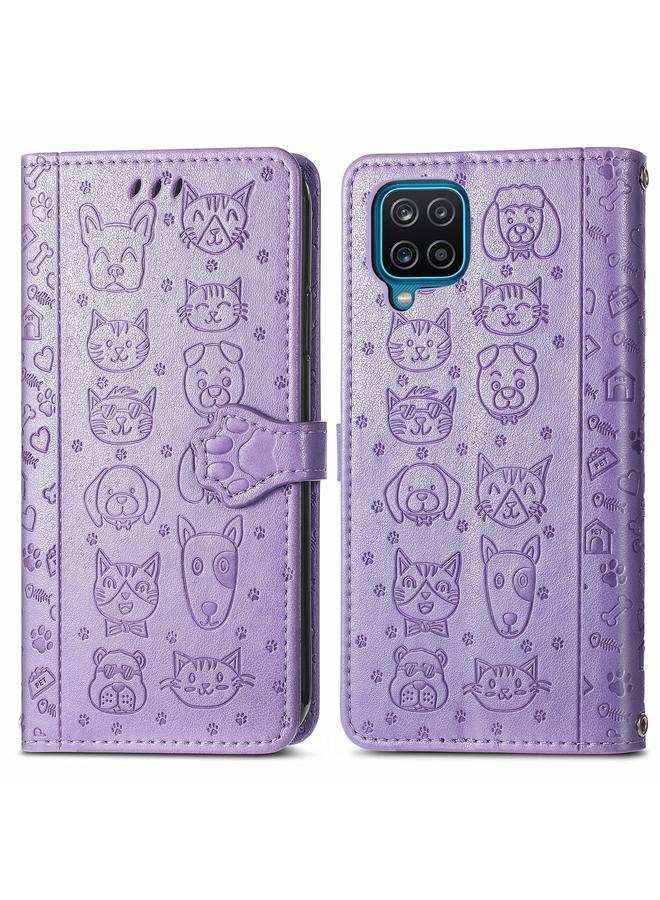 اس-توب جراب لهاتف Galaxy A12 من الجلد المنقوش بشكل قطة وكلب لطيف مع حامل وفتحات للبطاقات ومحفظة وحبل تعليق - Image 2