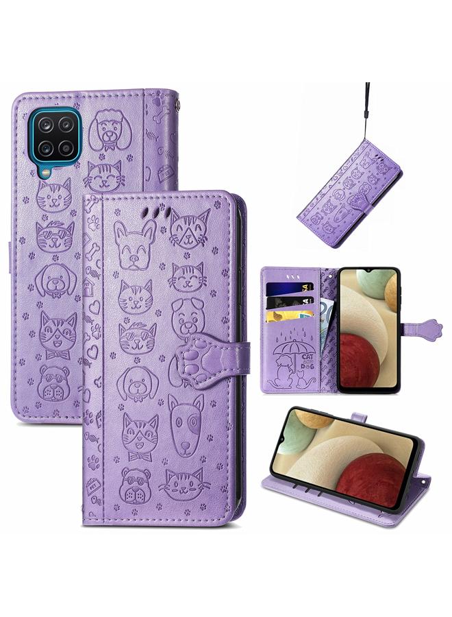 اس-توب جراب لهاتف Galaxy A12 من الجلد المنقوش بشكل قطة وكلب لطيف مع حامل وفتحات للبطاقات ومحفظة وحبل تعليق - Image 1