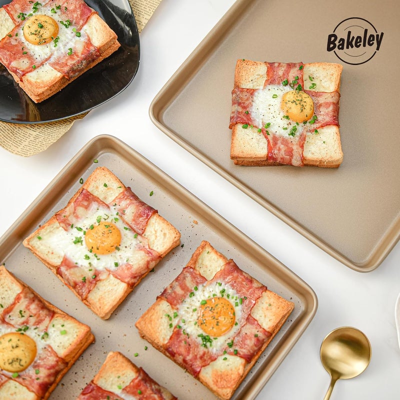 Bakeley Baking Sheet Pan Set, 2 Commercial Cookie Sheet Pan, Nonstick Half Sheet Pan for Oven (Champagne Gold, 17.5"x11.7") Minimal design - Image 4