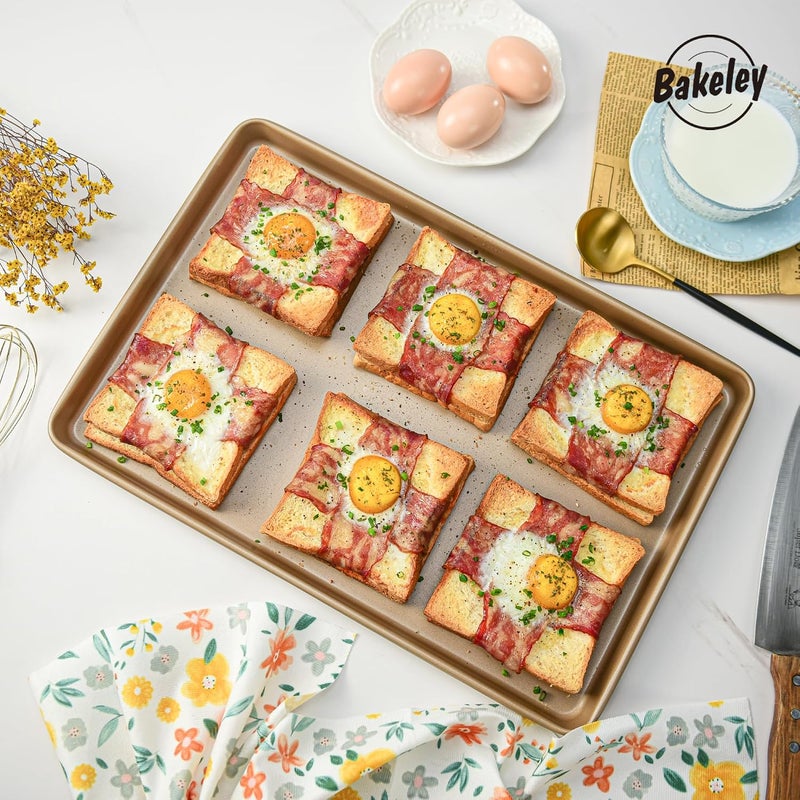 Bakeley Baking Sheet Pan Set, 2 Commercial Cookie Sheet Pan, Nonstick Half Sheet Pan for Oven (Champagne Gold, 17.5"x11.7") Minimal design - Image 3