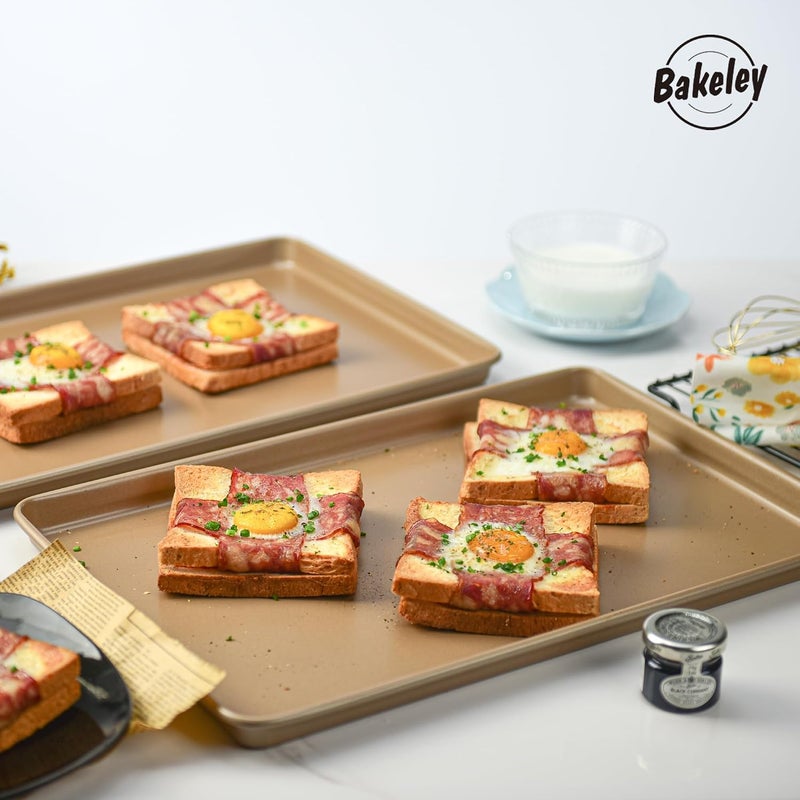 Bakeley Baking Sheet Pan Set, 2 Commercial Cookie Sheet Pan, Nonstick Half Sheet Pan for Oven (Champagne Gold, 17.5"x11.7") Minimal design - Image 5