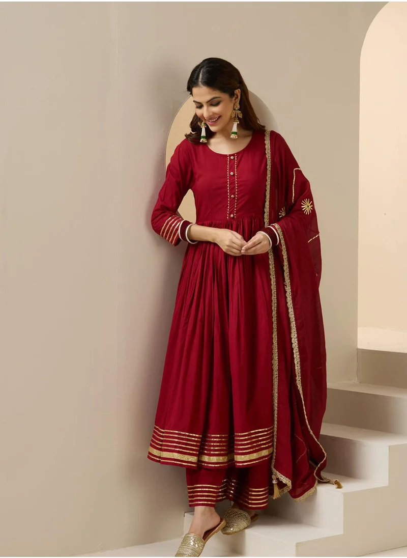 آي شين Women's Maroon 100% Cotton Embroidered Tunic Full Length Palazzo Straight Fit Kurta Set