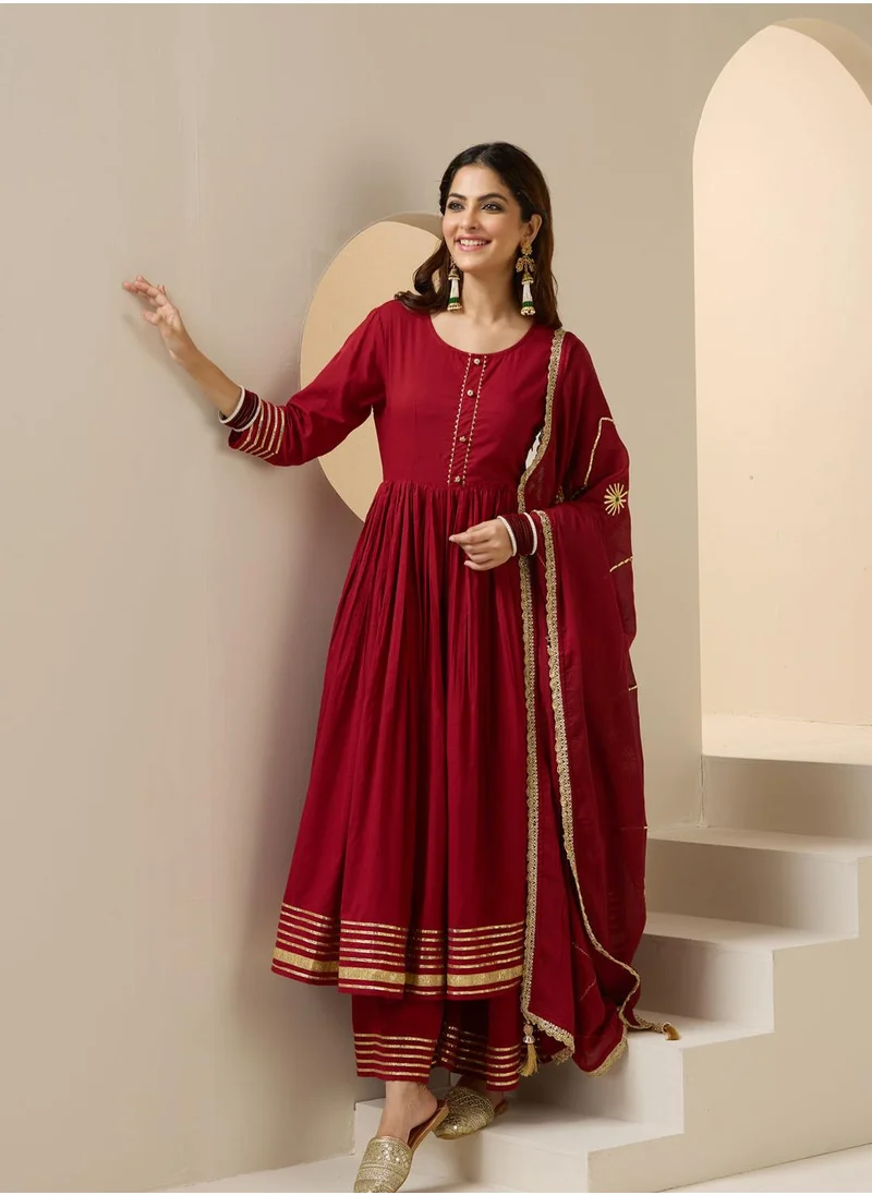 آي شين Women's Maroon 100% Cotton Embroidered Tunic Full Length Palazzo Straight Fit Kurta Set