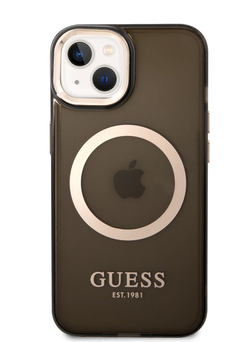 GUESS iPhone 14  Case MagSafe Back Cover with Translucent Gold Outline / Lifted Ring Case / Slim Profile / Easy Snap-On / Drop & Bumper Protection - Black - Image 1