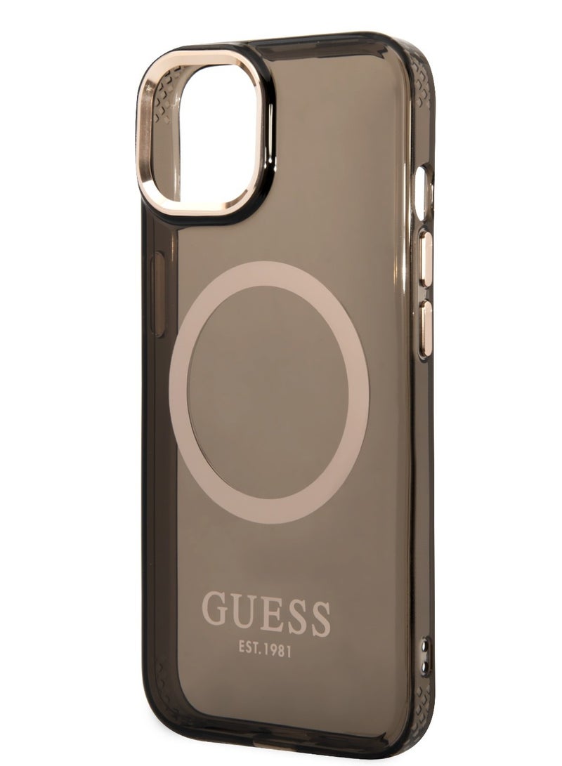 GUESS iPhone 14  Case MagSafe Back Cover with Translucent Gold Outline / Lifted Ring Case / Slim Profile / Easy Snap-On / Drop & Bumper Protection - Black - Image 4