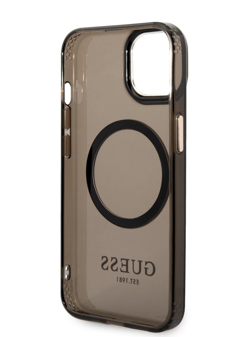 GUESS iPhone 14  Case MagSafe Back Cover with Translucent Gold Outline / Lifted Ring Case / Slim Profile / Easy Snap-On / Drop & Bumper Protection - Black - Image 5